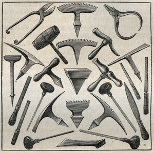 Golfevre verktyg. Gravyr från 1885 i ””Les arts et professions illustrés”” av Adolphe BITARD. av French School