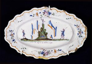 Oval tallrik med inskriptionen Vive le Roi et la Nation 1790, Nevers verkstad, (keramik) av French School