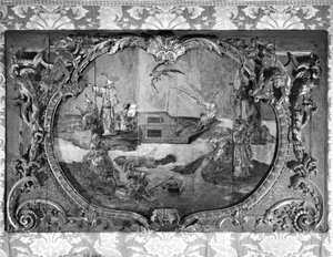 Overdoor panel med kinesiskt ämne, c.1730 (polykrom & förgyllt trä) av French School