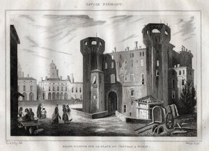 Palace of Aosta på Place du Chateau i Turin - Gravyr från "" Italien Pittoreska"" - Historisk och beskrivande målning av Italien" av M. de Norvins, Ch. Nodier 1834-1836. av French School