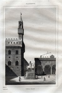 Palazzo vecchio i Florens - Piazza della Signoria - Gravyr från "" Pittoreska Italien" - Historisk och beskrivande målning av Italien" av M. de Norvins, Ch. Nodier 1834-1836. av French School