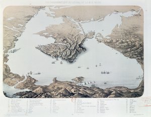 Panoramautsikt och plan över Sevastopol och Svarta havets kust vid tiden för Krimkriget, 1855 av French School