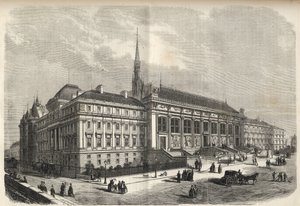 Paris - ny fasad av domstolsbyggnaden, byggd av Joseph-Louis Duc (1802-1879) - (västra fasaden, på Rue de Harlay) gravyr från 1869 av French School