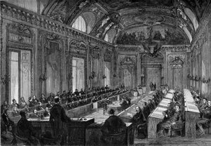 Paris, 4 augusti 1871: första mötet i kommunfullmäktige i tronsalen i Palais du Luxembourg. Gravyr i "" Le Monde Illustré"" nr 748 av 12 augusti 1871. av French School