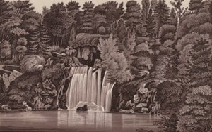 Paris: Bois de Boulogne vattenfall (litho) av French School