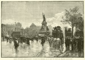 Paris under utställningen, Place de la Republique, utgångspunkt för bilarna för utställningen, en regnig dag (gravyr) av French School