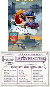 Paris, fram- och baksidan av ett reklamkort för Lefèvre-Utile (LU) kex, sent 1800-tal av French School