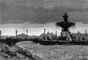 Paris under snön, vintern 1879-1880: utsikt över en av fontänerna på Place de la Concorde under frosten. Gravyr av Scott i ""The Illustrous World"" nr 1188 den 3 januari av French School