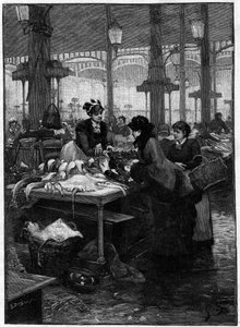 Parisisk scen på 1800-talet: en fiskhandlare och en kund i Halles centrala. Derbiergravyr från Gilberts målning. Sent 1800-tal. I "" Världens huvudstäder: Paris""". av French School