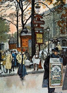 Parisisk gatubild nära tunnelbanestationen Palais-Royal, ca 1900 (färg litho) av French School