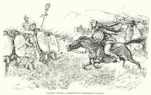 Parthiskt kavalleri attackerar romerska legionärer (gravyr) av French School