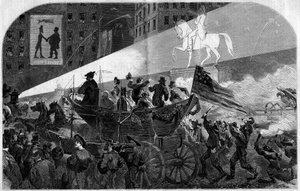 Fest på gatorna i New York (New York) för att fira installationen av den transatlantiska telegrafiska kabeln mellan USA (USA) och England 1858. Gravyr i "" Le Monde Illustré"" nr 79 av 16 oktober 1858. av French School