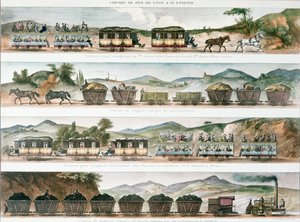 Passagerare och gods på den första franska linjen öppnade mellan Lyon och St. Etienne, 1829 (färg litho) av French School