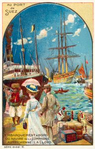 Passagerare som går ombord på ett fartyg av den österrikiska Lloyd-linjen i hamnen i Suez, Egypten (chromolitho) av French School