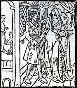 Pathelin och Guillemette, från The Farce of Master Pierre Pathelin, c.1465 av French School