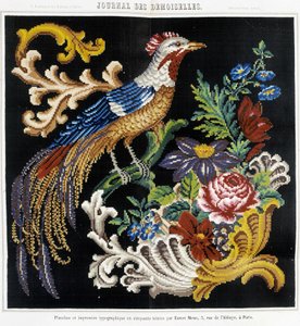 Mönster för korsstygnsbroderi (paradisfågel) - i "" Journal des Demoiselles"" 1852. av French School
