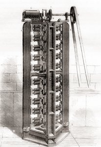Paul-Gustave Froments vertikala elektromotor, ca 1844, från Les Merveilles de la Science, publicerad ca 1870 (gravyr) av French School