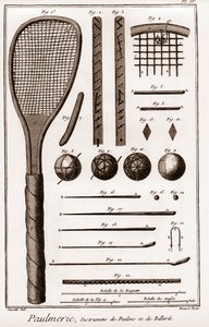 Paulmerie - Palmspel - Paulme och biljardinstrument - palmspel paddle-fladdermöss eller battoirer - "" La Grande Encyclopédie, ou Dictionnaire Raisonne des Sciences, des Arts et des Metiers" (Encyclopedia or Dictionary of the Sciences, Arts and Professions av French School