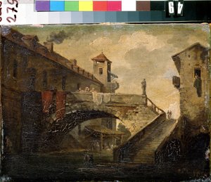 ""Landskap i en fransk by"" Bron och floden i en populär stadsdel. Fransk skolmålning. Tidigt 1700-tal Mikhail Kroshitsky konstmuseum, Sevastopol (Sevastopol) Ukraina av French School