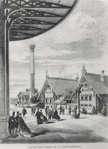 Bondehus vid den ryska paviljongen vid Exposition Universelle 1867 (litho) av French School