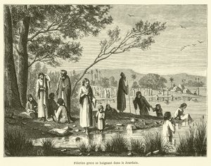 Grekiska pilgrimer som badar i Jordan (gravyr) av French School