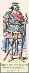 Pepin le Bref, Frankrikes 23:e kung, besteg tronen 741, dog 752 (färgad gravyr) av French School