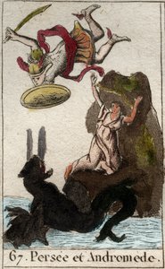 Se representation som kommer till Andromedes undsättning enchainee a un rock (Perseus save Andromeda inchained to a rock) Från "Mythologie de la jeunesse" av Pierre Blanchard 1803. av French School