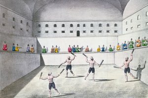 Persiska idrottare som tränar i ett gymnasium, ca 1820 (färggravyr) av French School