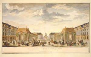 Perspektivvy av Place de Louis le Grand med rummen byggda för tillfället av Monseigneur le Dauphins bröllop (färggravyr) av French School