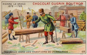 Peter den store arbetar på varven i Nederländerna (chromolitho) av French School