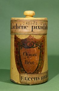 Farmaceutisk burk för förvaring av rå opium, 1632 (keramik) av French School
