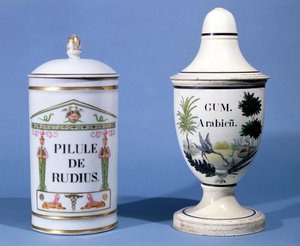 Farmaceutiska burkar för Pilule de radius och Gum Arabic (fajans) av French School