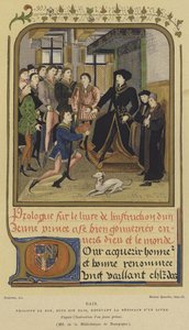 Filip den gode, hertig av Bourgogne, sittande på en plattform och tar emot en bok, 1400-talet av French School