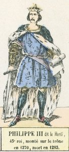 Philippe III dit le Bold, 45:e kung, besteg tronen 1270, dog 1285 (färgad gravyr) av French School
