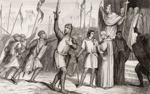 Philippe I (1052-1108) och påven Urban II (ca 1035-99) samlar anhängare för det första korståget 1095, från "Histoire de France" av Colart, publicerad ca 1840 av French School