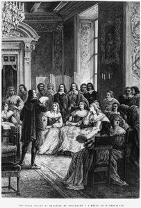 Pierre Corneille (1606-84) läser Polyeucte på Hotel de Rambouillet, ca 1880 av French School