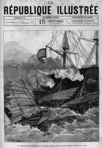 Piratkopiering: Annamiternas krigsskepp ""La Magune"" attackerat av kinesiska pirater. En tidning. Gravyr från 1880 i "La republique illustree"" privat samling. av French School
