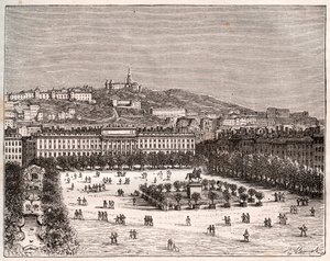 Place Bellecour eller Place Louis-le-Grand - det största torget i Lyon - gravyr i "La France illustrée: geography, history, statistical administration" av V.-A. Maltbrunt. 1884 av French School