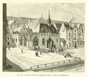 Place du Parvis, på 1400-talet, och ingången till Hôtel-Dieu av French School