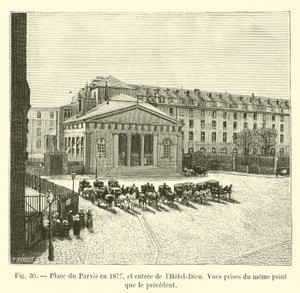 Place du Parvis 1877, och ingången till Hôtel-Dieu, utsikt från samma punkt som den föregående av French School