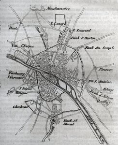 Karta över Paris under Henri III (1580) Gravyr i ""Paris fysiska, civila och moraliska historia: från de tidigaste historiska tiderna till våra dagar"" av Jacques Antoine Dulaure av French School