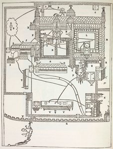 Plan över Benediktinerklostret i Canterbury på 1100-talet, från Military and Religious Life in the Middle Ages av Paul Lacroix, publicerad i London ca 1880 av French School