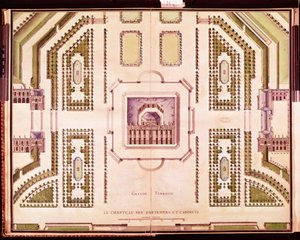 Plan över den stora terrassen på Chateau de Marly, 1714 av French School