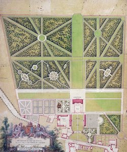 Plan över slottet och parken vid Roissy, tillhörande Comte de Caraman (penna och bläck & wc på papper) av French School