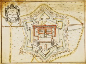 Plan över citadellet i Milano (penna & bläck och wc på papper) av French School
