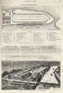 Plan för etableringen av International Sport, som måste byggas på ön Billancourt 1869 - allmän bild av etableringarna av internationell sport på ön Billancourt 1869 av French School