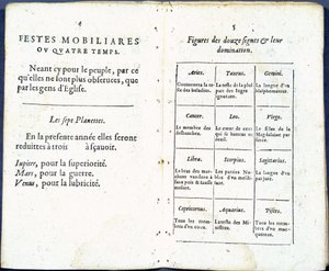 Planeter och astrologiska tecken behandlade humoristiskt - i "Almanach pour le temps passe"", av Jean Guerin av French School