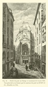 Point of the Pont au Change och Louis XIII:s monument, utsikt från gatan som bildades av husen på bron på 1700-talet, revs 1788 av French School