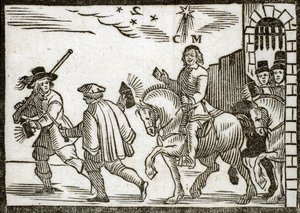 Politiska pamfletter Mazarinade: Mazarin flyr från Paris till häst, mitt i natten, föregås av två betjänter som bär lyktor. Graverat trä 1651 av French School