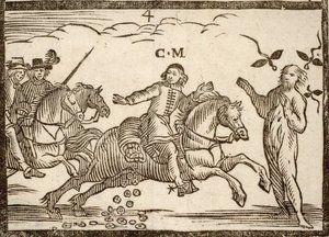 Politiska pamfletter Mazarinade: Mazarin på sin flykt tappar ecus: skuggan av Concini, marskalk av Anchor, står framför honom. Graverat trä 1651. av French School